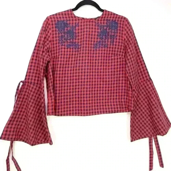 Aqua Checkered Bell Long Sleeve Shirt Floral Embroidery Womens Large 100% Cotton - Picture 1 of 10
